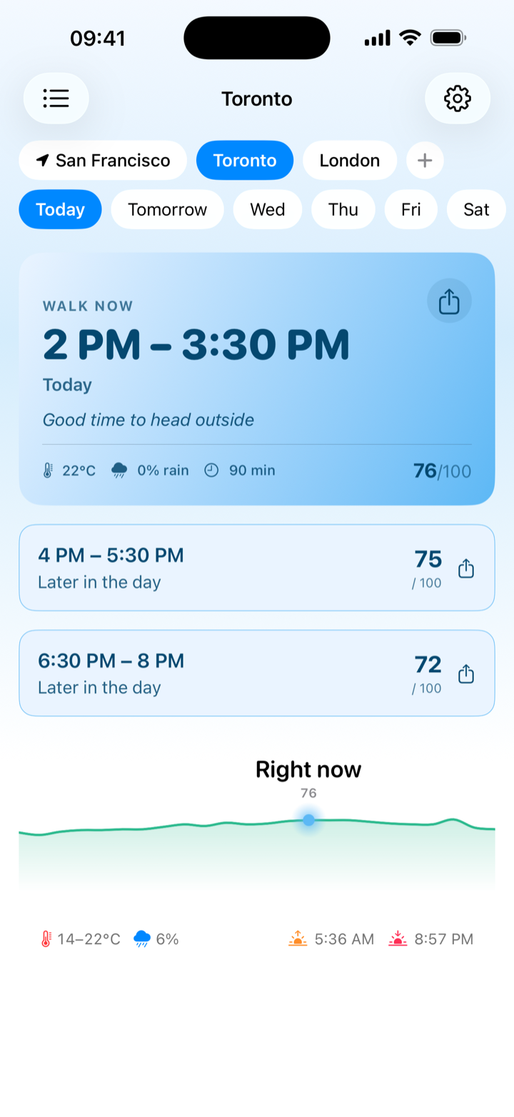 Walk windows for Toronto with saved cities across the top