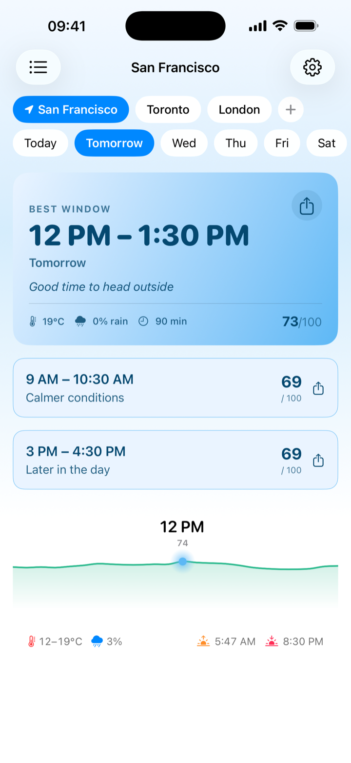 Best walk window for tomorrow with good alternatives below