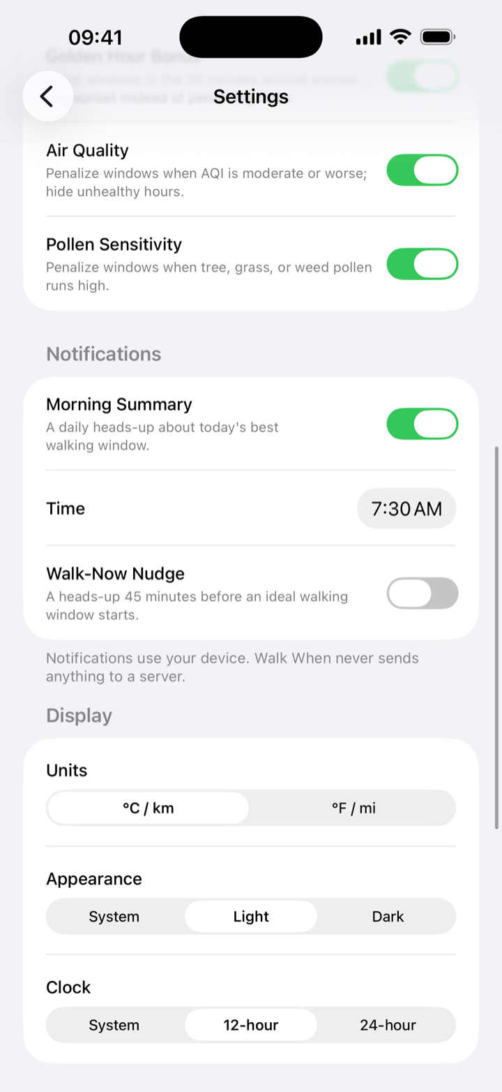 Settings for air quality, pollen, and notifications