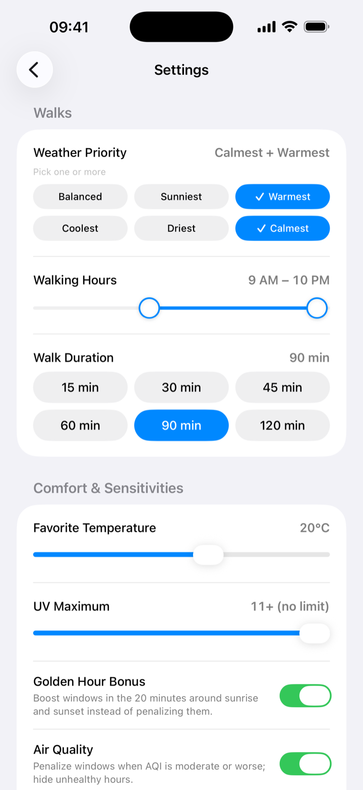 Settings for weather priority, walking hours, and walk duration